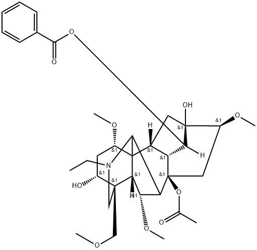 (16S)-20-エチル-1α,6α,16-トリメトキシ-4-(メトキシメチル)アコニタン-3α,8,13,14α-テトラオール8-アセタート14-ベンゾアート 化学構造式