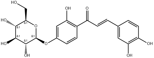 (E)-3-(3,4-ジヒドロキシフェニル)-1-[4-(β-D-グルコピラノシルオキシ)-2-ヒドロキシフェニル]-2-プロペン-1-オン 化学構造式