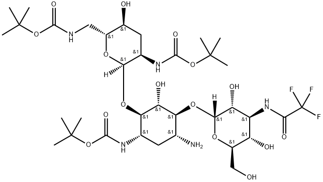 O-3-Deoxy-3-[(2,2,2-trifluoroacetyl)amino]-α-D-glucopyranosyl-(1→6)-O-[2,3,6-trideoxy-2,6-bis[[(1,1-dimethylethoxy)carbonyl]amino]-α-D-ribo-hexopyranosyl-(1→4)]-2-deoxy-N3-[(1,1-dimethylethoxy)carbonyl]-D-streptamine Struktur