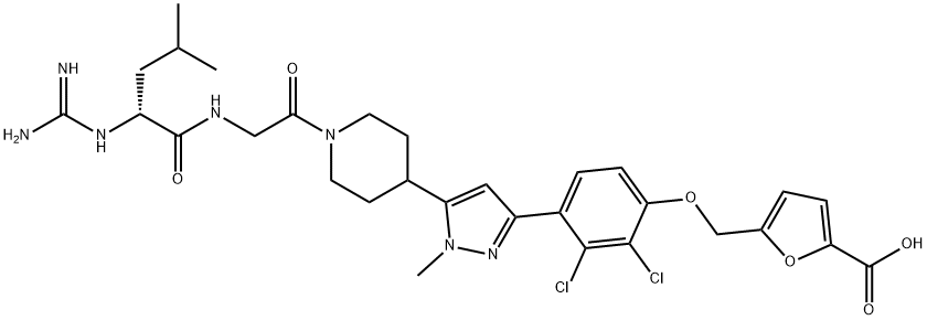 1-メチル-3-[2,3-ジクロロ-4-(5-カルボキシフルフリルオキシ)フェニル]-5-[1-[N-(アミノイミノメチル)-D-Leu-Gly-]ピペリジン-4-イル]-1H-ピラゾール 化学構造式