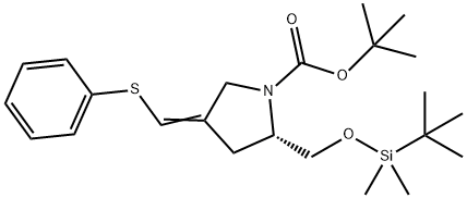 1-Pyrrolidinecarboxylic acid, 2-[[[(1,1-dimethylethyl)dimethylsilyl]oxy]methyl]-4-[(phenylthio)methylene]-, 1,1-dimethylethyl ester, (2S)- Struktur