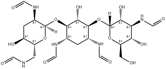 O-3-Deoxy-3-(formylamino)-α-D-glucopyranosyl-(1→6)-O-[2,3,6-trideoxy-2,6-bis(formylamino)-α-D-ribo-hexopyranosyl-(1→4)]-2-deoxy-N,N''-diformyl-D-streptamine Structure