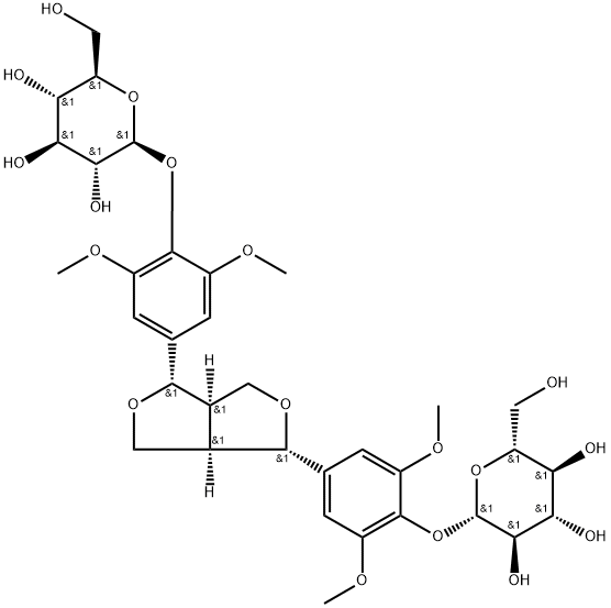 (1S)-1β,4β-ビス[4-(β-D-グルコピラノシルオキシ)-3,5-ジメトキシフェニル]-3aβ,4,6,6aβ-テトラヒドロ-1H,3H-フロ[3,4-c]フラン 化学構造式