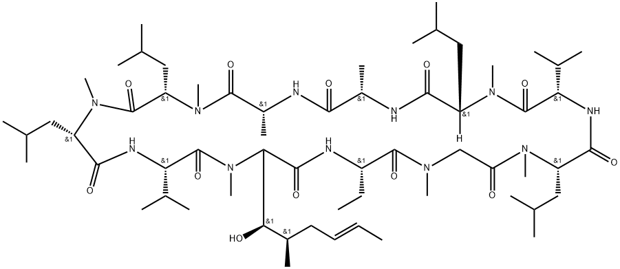 (3R,4R)-3-ヒドロキシ-N-メチル-5-[(E)-1-プロペニル]シクロ(L-Leu-L-Abu-Sar-N-メチル-L-Leu-L-Val-N-メチル-L-Leu-L-Ala-D-Ala-N-メチル-L-Leu-N-メチル-L-Leu-L-Val-) 化学構造式