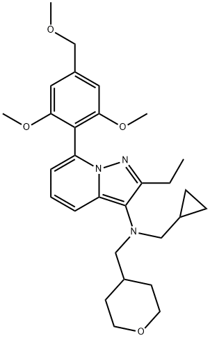 Pyrazolo[1,5-a]pyridin-3-amine, N-(cyclopropylmethyl)-7-[2,6-dimethoxy-4-(methoxymethyl)phenyl]-2-ethyl-N-[(tetrahydro-2H-pyran-4-yl)methyl]- Structure