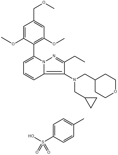 N-(シクロプロピルメチル)-7-[2,6-ジメトキシ-4-(メトキシメチル)フェニル]-2-エチル-N-[(オキサン-4-イル)メチル]ピラゾロ[1,5-a]ピリジン-3-アミン 化学構造式
