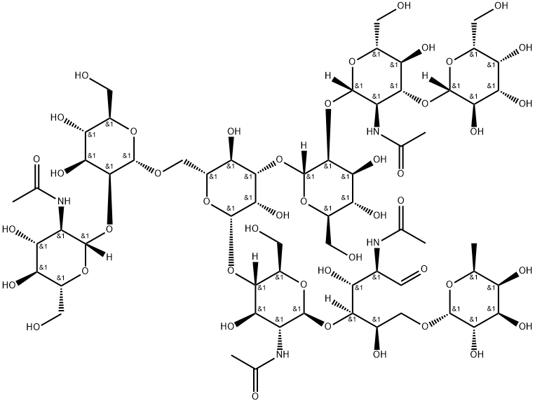 O-beta-D-Galactopyranosyl-(1-3)-O-2-(acetylamino)-2-deoxy-beta-D-glucopyranosyl-(1-2)-O-alpha-D-mannopyranosyl-(1-3)-O-[O-2-(acetylamino)-2-deoxy-beta-D-glucopyranosyl-(1-2)-alpha-D-mannopyranosyl-(1-6)]-O-beta-D-mannopyranosyl-(1-4)-O-2-(acetylamino)-2-deoxy-beta-D-glucopyranosyl-(1-4)-O-[6-deoxy-alpha-L-galactopyranosyl-(1-6)]-2-(acetylamino)-2-deoxy-D-glucose Struktur
