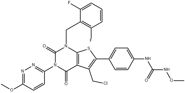 Urea, N-[4-[5-(chloromethyl)-1-[(2,6-difluorophenyl)methyl]-1,2,3,4-tetrahydro-3-(6-methoxy-3-pyridazinyl)-2,4-dioxothieno[2,3-d]pyrimidin-6-yl]phenyl]-N'-methoxy- Struktur