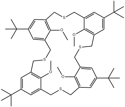 3,11,19,27-Tetrathiapentacyclo[27.3.1.15,9.113,17.121,25]hexatriaconta-1(33),5,7,9(36),13,15,17(35),21,23,25(34),29,31-dodecaene, 7,15,23,31-tetrakis(1,1-dimethylethyl)-33,34,35,36-tetramethoxy- Struktur