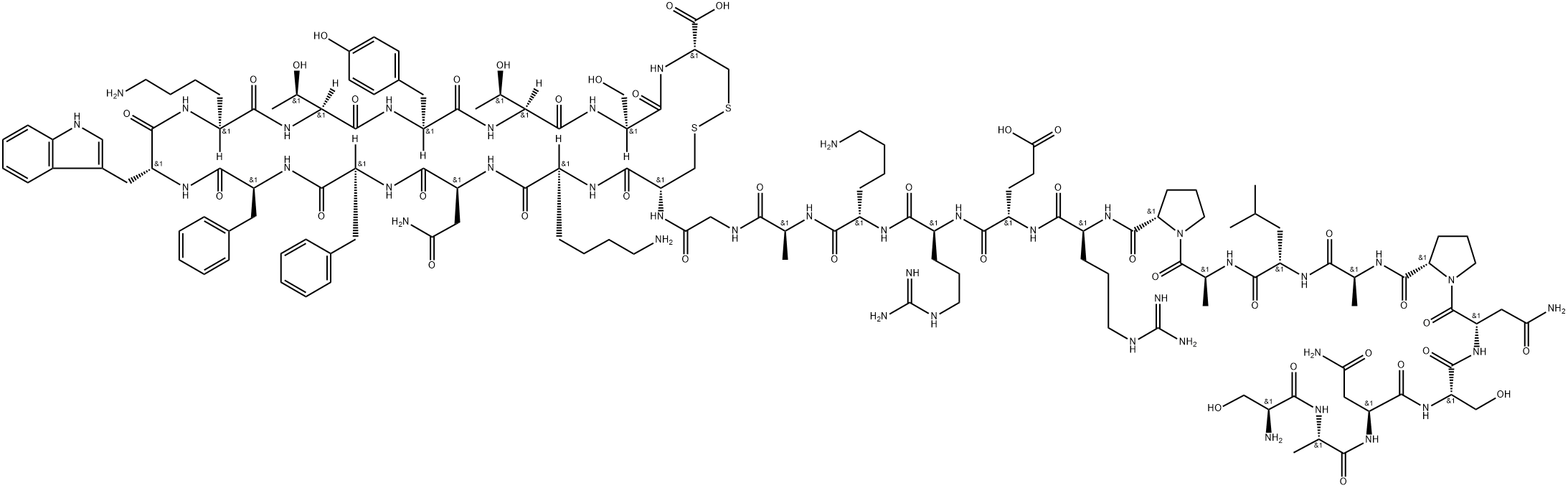 H-SER-ALA-ASN-SER-ASN-PRO-ALA-LEU-ALA-PRO-ARG-GLU-ARG-LYS-ALA-GLY-CYS-LYS-ASN-PHE-PHE-D-TRP-LYS-THR-TYR-THR-SER-CYS-OH(DISULFIDE BRIDGE: CYS17-CYS28),77909-99-0,结构式