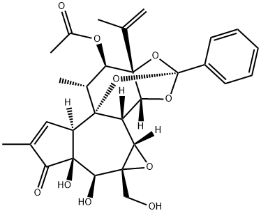 6H-2,8b-Epoxyoxireno[6,7]azuleno[5,4-e]-1,3-benzodioxol-6-one, 10-(acetyloxy)-3a,3b,3c,4a,5,5a,8a,9,10,10a-decahydro-5,5a-dihydroxy-4a-(hydroxymethyl)-7,9-dimethyl-10a-(1-methylethenyl)-2-phenyl-, (2S,3aR,3bS,3cS,4aR,5S,5aS,8aR,8bR,9R,10R,10aS)- Struktur