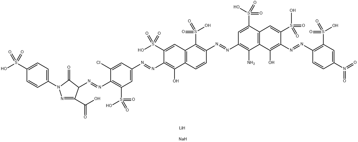 4-[[4-[[6-[[1-Amino-8-hydroxy-7-[(4-nitro-2-sulfophenyl)azo]-4,6-disulfo-2-naphthalenyl]azo]-1-hydroxy-3,5-disulfo-2-naphthalenyl]azo]-2-chloro-6-sulfophenyl]azo]-4,5-dihydro-5-oxo-1-(4-sulfophenyl)-1H-pyrazole-3-carboxylic acid, lithium sodium salt Struktur