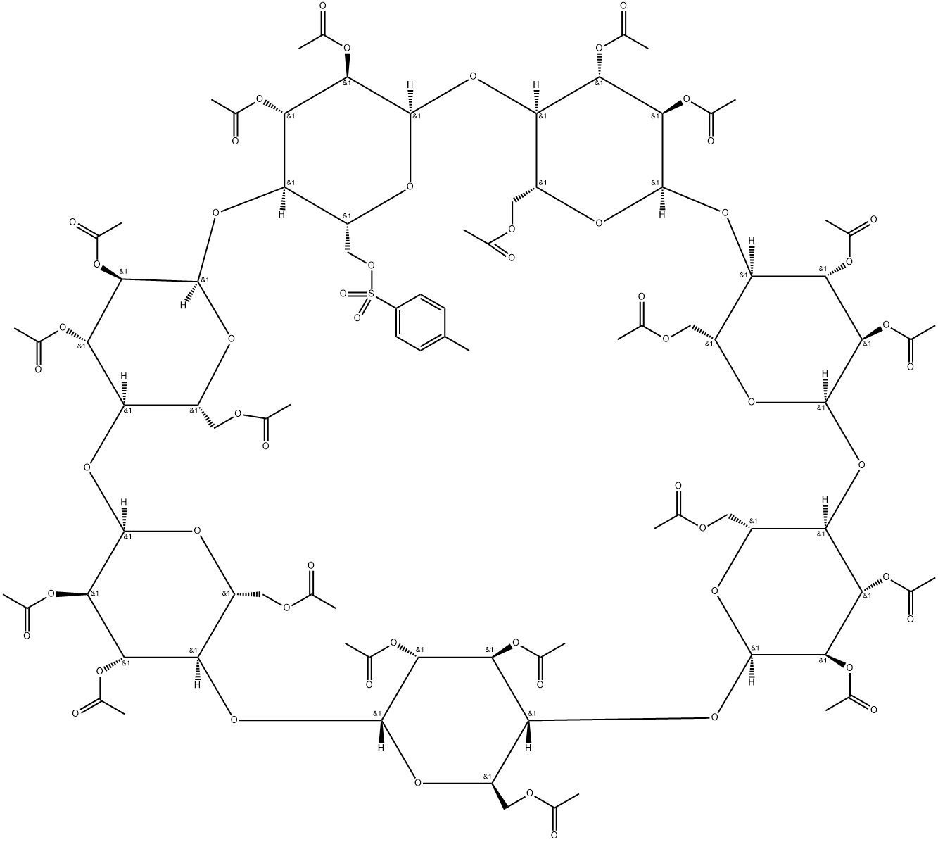 MONO(6-O-(P-TOLUENESULFONYL))-ICOSAKIS(2,3,6-O-ACETYL)BETA-CYCLODEXTRIN Struktur