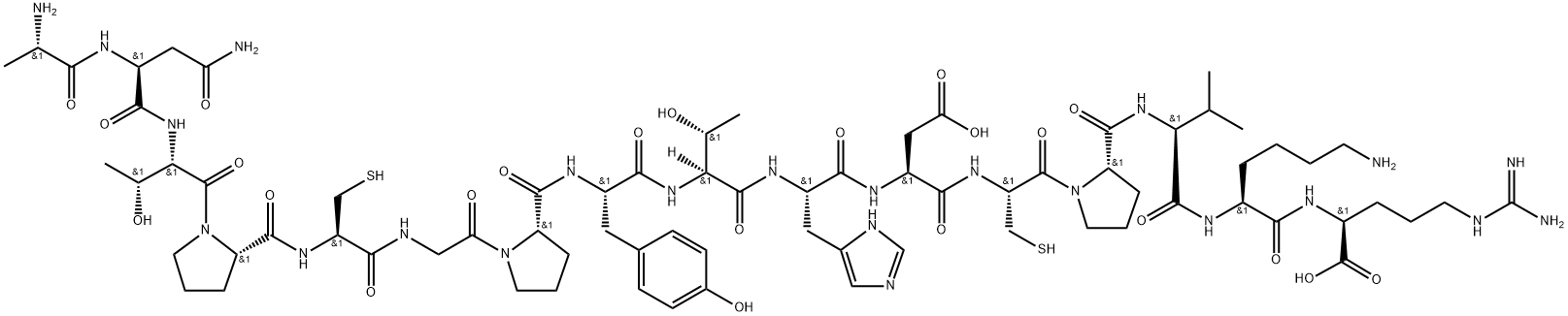 2-{6-アミノ-2-[2-({1-[2-(2-{2-[2-(2-{[1-(2-{2-[(1-{2-[2-(2-アミノプロパンアミド)-3-カルバモイルプロパンアミド]-3-ヒドロキシブタノイル}ピロリジン-2-イル)ホルムアミド]-3-スルファニルプロパンアミド}アセチル)ピロリジン-2-イル]ホルムアミド}-3-(4-ヒドロキシフェニル)プロパンアミド)-3-ヒドロキシブタンアミド]-3-(3H-イミダゾール-4-イル)プロパンアミド}-3-カルボキシプロパンアミド)-3-スルファニルプロパノイル]ピロリジン-2-イル}ホルムアミド)-3-メチルブタンアミド]ヘキサンアミド}-5-[(ジアミノメチリデン)アミノ]ペンタン酸 化学構造式