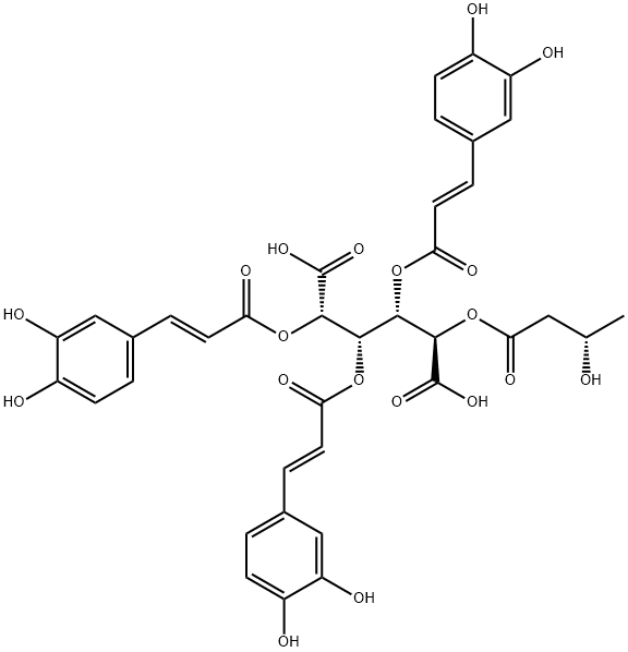 D-Glucaric acid, 3,4,5-tris[(2E)-3-(3,4-dihydroxyphenyl)-2-propenoate] 2-[(3S)-3-hydroxybutanoate] Structure