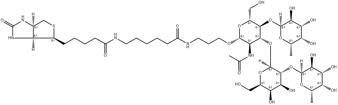 (3AS,4S,6AR)-N-[6-[[3-[[O-6-脱氧-ALPHA-L-吡喃半乳糖基-(1-2)-O-BETA-D-吡喃半乳糖基-(1-3)-O-[6-脱氧-ALPHA-L-吡喃半乳糖基-(1-4)]-2-(乙酰氨基)-2-脱氧-BETA-D-吡喃葡萄糖基]氧基]丙基]氨基]-6-氧代己基]六氢-2-氧代-1H-噻吩并[3,4-D]咪唑-4-戊酰胺, 870891-31-9, 结构式