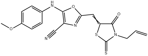 879906-99-7 5-(4-methoxyanilino)-2-[(E)-(4-oxo-3-prop-2-enyl-2-sulfanylidene-1,3-thiazolidin-5-ylidene)methyl]-1,3-oxazole-4-carbonitrile