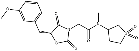 N-(1,1-dioxothiolan-3-yl)-2-[(5Z)-5-[(3-methoxyphenyl)methylidene]-4-oxo-2-sulfanylidene-1,3-thiazolidin-3-yl]-N-methylacetamide 化学構造式