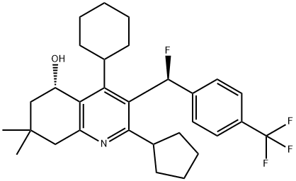 5-Quinolinol, 4-cyclohexyl-2-cyclopentyl-3-[(S)-fluoro[4-(trifluoromethyl)phenyl]methyl]-5,6,7,8-tetrahydro-7,7-dimethyl-, (5S)- Structure
