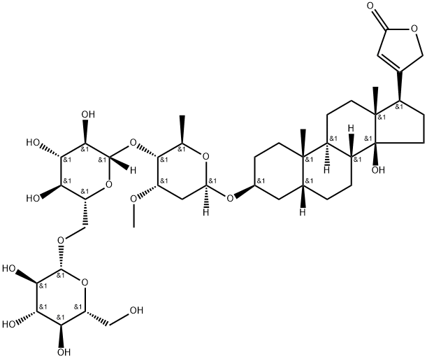 3β-[3-O-Methyl-4-O-(6-O-β-D-glucopyranosyl-β-D-glucopyranosyl)-2,6-dideoxy-β-D-ribo-hexopyranosyloxy]-14-hydroxy-5β-cardanolide-20(22)-ene 结构式