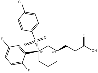 3-[3β-(4-クロロフェニルスルホニル)-4-(2,5-ジフルオロフェニル)シクロヘキサン-1β-イル]プロパン酸 化学構造式