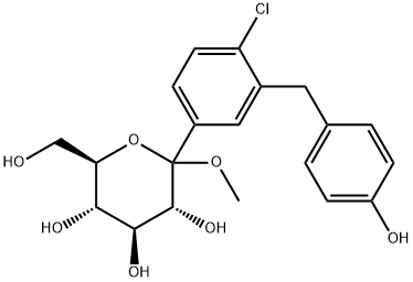 D-Glucopyranoside, methyl 1-C-[4-chloro-3-[(4-hydroxyphenyl)methyl]phenyl]- Struktur