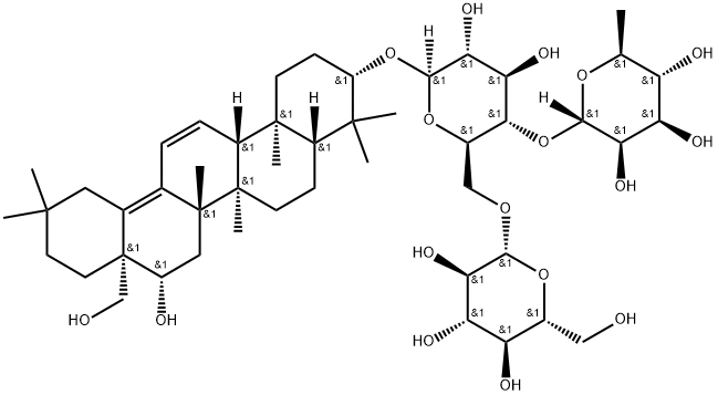 [16β,28-ジヒドロキシ-11,12,13,18-テトラデヒドロオレアナン-3β-イル]4-O-(6-デオキシ-α-L-マンノピラノシル)-6-O-(β-D-グルコピラノシル)-β-D-グルコピラノシド 化学構造式