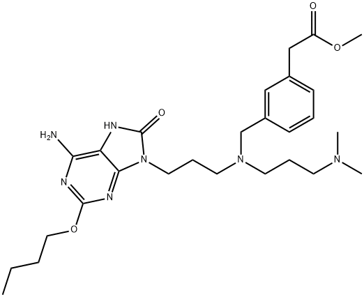 Benzeneacetic acid, 3-[[[3-(6-amino-2-butoxy-7,8-dihydro-8-oxo-9H-purin-9-yl)propyl][3-(dimethylamino)propyl]amino]methyl]-, methyl ester Structure