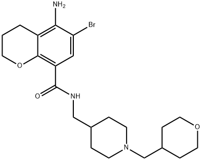 5-amino-6-bromo-N-{[1-(tetrahydro-2H-pyran-4-ylmethyl)-4-piperidinyl]methyl}-3,3-dihydro-2H-chromene-8-carboxamide Struktur