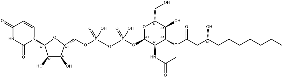 Uridine 5'-(trihydrogen diphosphate) P'-[2-(acetylamino)-2-deoxy-3-O-[(3R)-3-hydroxy-1-oxodecyl]-alpha-D-glucopyranosyl] ester Structure