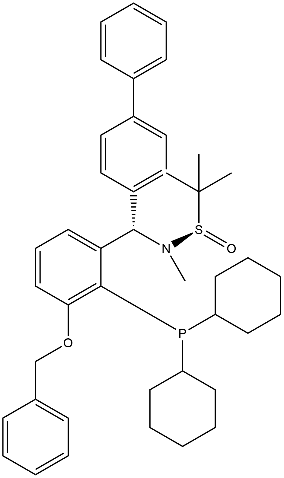 [S(R)]-N-[(S)-[(3-(Benzyloxy)-2-(dicyclohexylphosphino)phenyl]-(1,1'-biphenyl)methyl]-N,2-dimethyl-2-propanesulfinamide Struktur
