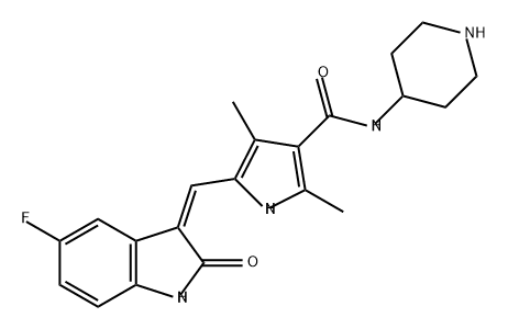 1H-Pyrrole-3-carboxamide, 5-[(Z)-(5-fluoro-1,2-dihydro-2-oxo-3H-indol-3-ylidene)methyl]-2,4-dimethyl-N-4-piperidinyl- Struktur