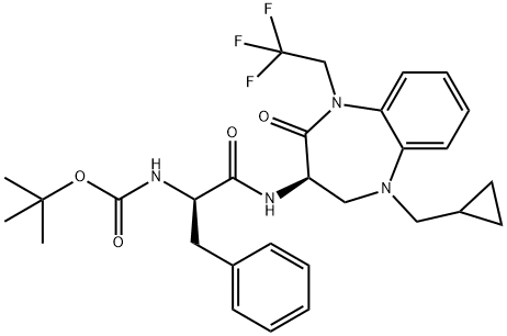 Carbamic acid, N-[(1R)-2-[[(3R)-5-(cyclopropylmethyl)-2,3,4,5-tetrahydro-2-oxo-1-(2,2,2-trifluoroethyl)-1H-1,5-benzodiazepin-3-yl]amino]-2-oxo-1-(phenylmethyl)ethyl]-, 1,1-dimethylethyl ester Struktur