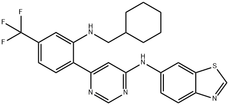 6-Benzothiazolamine, N-[6-[2-[(cyclohexylmethyl)amino]-4-(trifluoromethyl)phenyl]-4-pyrimidinyl]-, 1026876-55-0, 结构式