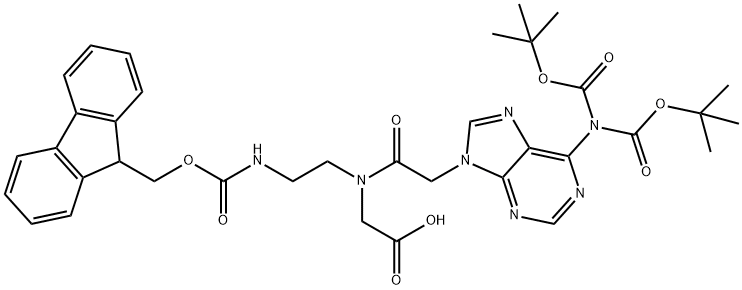 2-(N-(2-((((9H-fluoren-9-yl)methoxy)carbonyl)amino)ethyl)-2-(6-(bis(tert-butoxycarbonyl)amino)-9H-purin-9-yl)acetamido)acetic acid,1028077-27-1,结构式