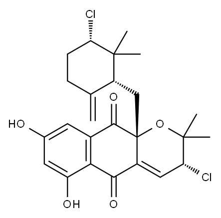 103106-21-4 (3R)-3α-Chloro-6,8-dihydroxy-3,10a-dihydro-2,2-dimethyl-10aβ-[[(1R,3S)-2,2-dimethyl-3-chloro-6-methylenecyclohexyl]methyl]-2H-naphtho[2,3-b]pyran-5,10-dione