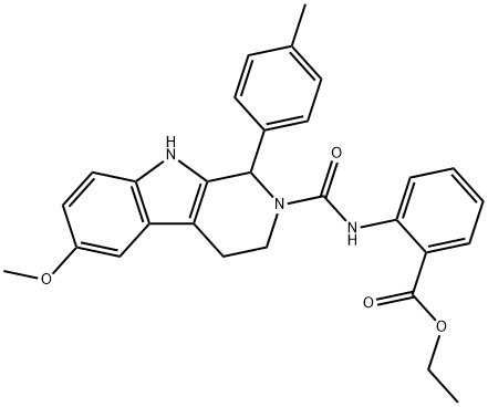 Benzoic acid, 2-[[[1,3,4,9-tetrahydro-6-methoxy-1-(4-methylphenyl)-2H-pyrido[3,4-b]indol-2-yl]carbonyl]amino]-, ethyl ester Struktur