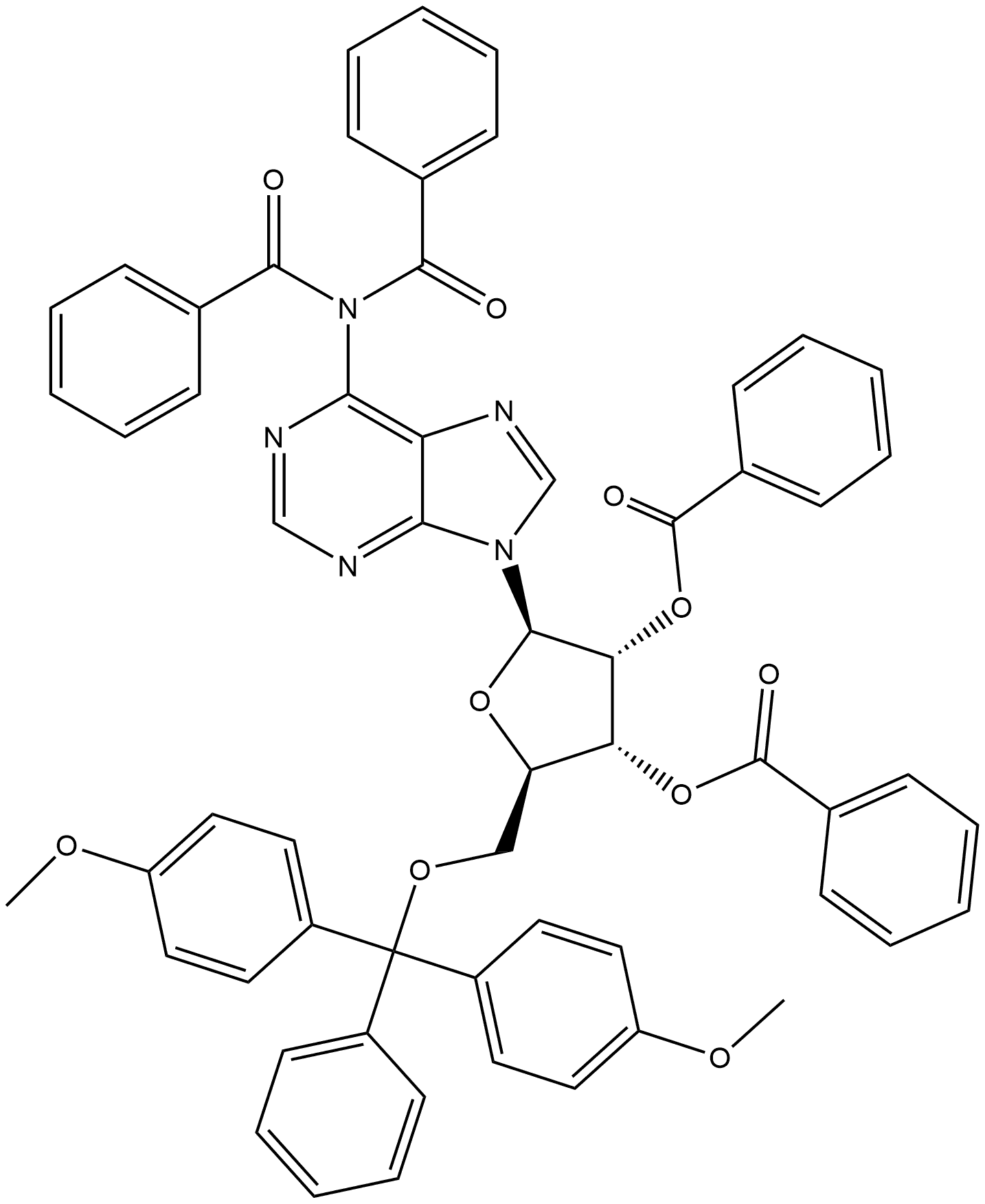 Adenosine, N,N-dibenzoyl-5'-O-[bis(4-methoxyphenyl)phenylmethyl]-, 2',3'-dibenzoate Structure