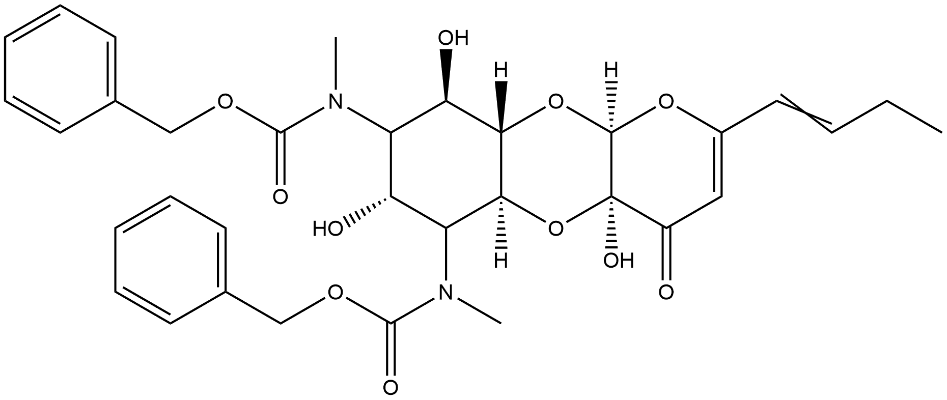 Carbamic acid, [2-(1-butenyl)-4a,5a,6,7,8,9,9a,10a-octahydro-4a,7,9-trihydroxy-4-oxo-4H-pyrano[2,3-b][1,4]benzodioxin-6,8-diyl]bis[methyl-, bis(phenylmethyl) ester, [4aR-(4aα,5aα,6α,7α,8α,9β,9aβ,10aα)]- (9CI) Struktur