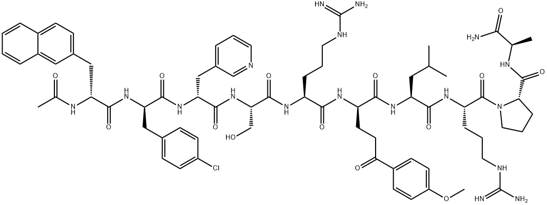 Ac-3-(2-Naphtyl)-D-Ala-4-chloro-D-Phe-3-(3-pyridinyl)-D-Ala-L-Ser-L-Arg-4-(4-methoxybenzoyl)-D-Abu-L-Leu-L-Arg-L-Pro-D-Ala-NH2 Structure