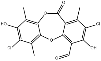 11H-Dibenzo[b,e][1,4]dioxepin-4-carboxaldehyde, 2,7-dichloro-3,8-dihydroxy-1,6,9-trimethyl-11-oxo- Struktur