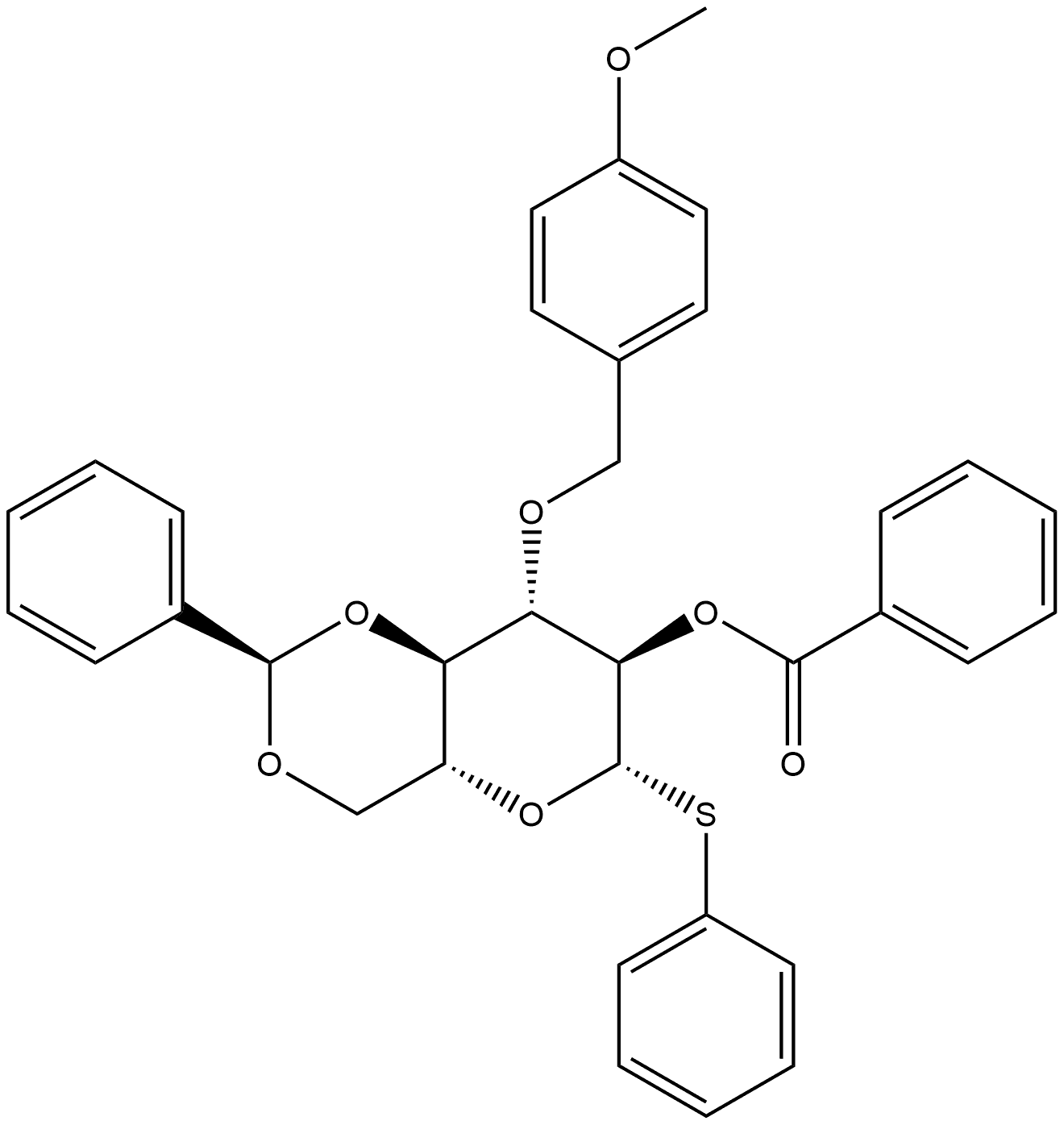phenyl 2-O-benzoyl-4,6-O-benzylidene-3-O-4-methoxybenzyl-1-thio-β-D-glucopyranoside Structure