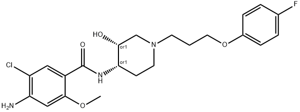 Benzamide, 4-amino-5-chloro-N-[(3R,4S)-1-[3-(4-fluorophenoxy)propyl]-3-hydroxy-4-piperidinyl]-2-methoxy-, rel- Struktur