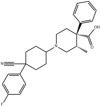 4-Piperidinecarboxylic acid, 1-[cis-4-cyano-4-(4-fluorophenyl)cyclohexyl]-3-methyl-4-phenyl-, (3S,4S)- Struktur