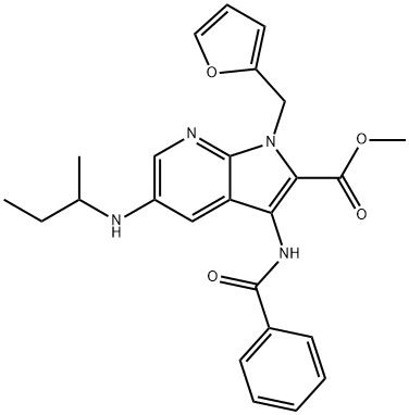 1H-Pyrrolo[2,3-b]pyridine-2-carboxylic acid, 3-(benzoylamino)-1-(2-furanylmethyl)-5-[(1-methylpropyl)amino]-, methyl ester Struktur
