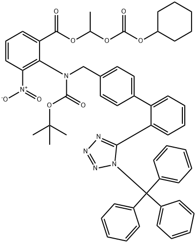 Benzoic acid, 2-[[(1,1-dimethylethoxy)carbonyl][[2'-[1-(triphenylmethyl)-1H-tetrazol-5-yl][1,1'-biphenyl]-4-yl]methyl]amino]-3-nitro-, 1-[[(cyclohexyloxy)carbonyl]oxy]ethyl ester 结构式