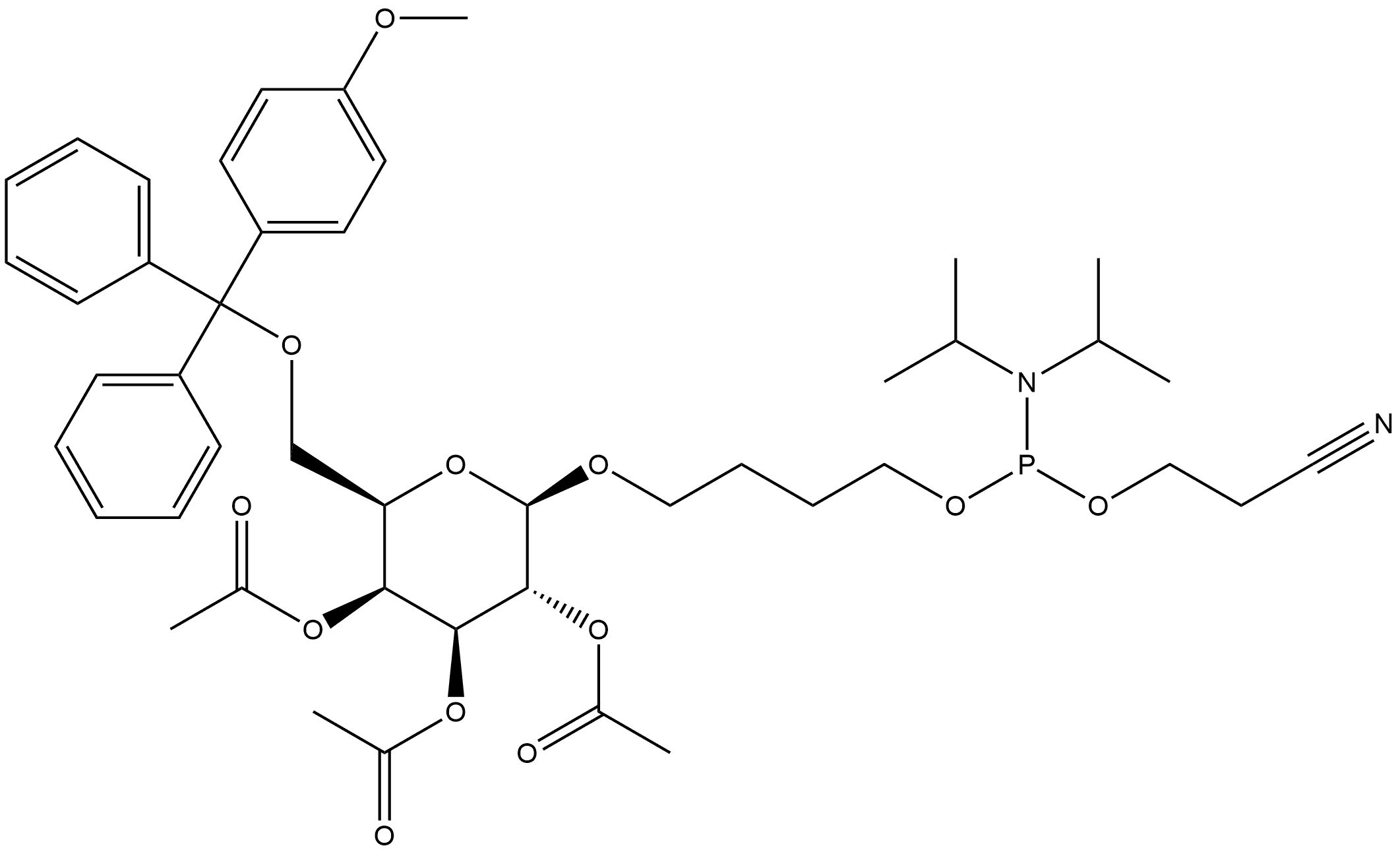 β-D-Galactopyranoside, 4-[[[bis(1-methylethyl)amino](2-cyanoethoxy)phosphino]oxy]butyl 6-O-[(4-methoxyphenyl)diphenylmethyl]-, 2,3,4-triacetate Struktur