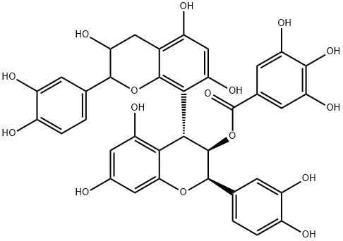 Benzoic acid, 3,4,5-trihydroxy-, (2R,2'R,3R,3'R,4R)-2,2'-bis(3,4-dihydroxyphenyl)-3,3',4,4'-tetrahydro-3',5,5',7,7'-pentahydroxy[4,8'-bi-2H-1-benzopyran]-3-yl ester Structure