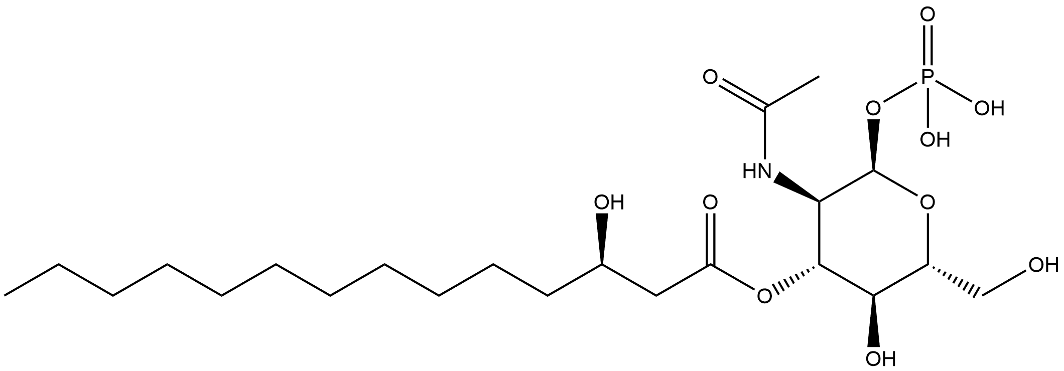 (R)-2-(ACETYLAMINO)-2-DEOXY-Α-D-GLUCOPYRANOSE 1-(DIHYDROGEN PHOSPHATE) 3-(3-HYDROXYTETRADECANOATE), 109304-40-7, 结构式