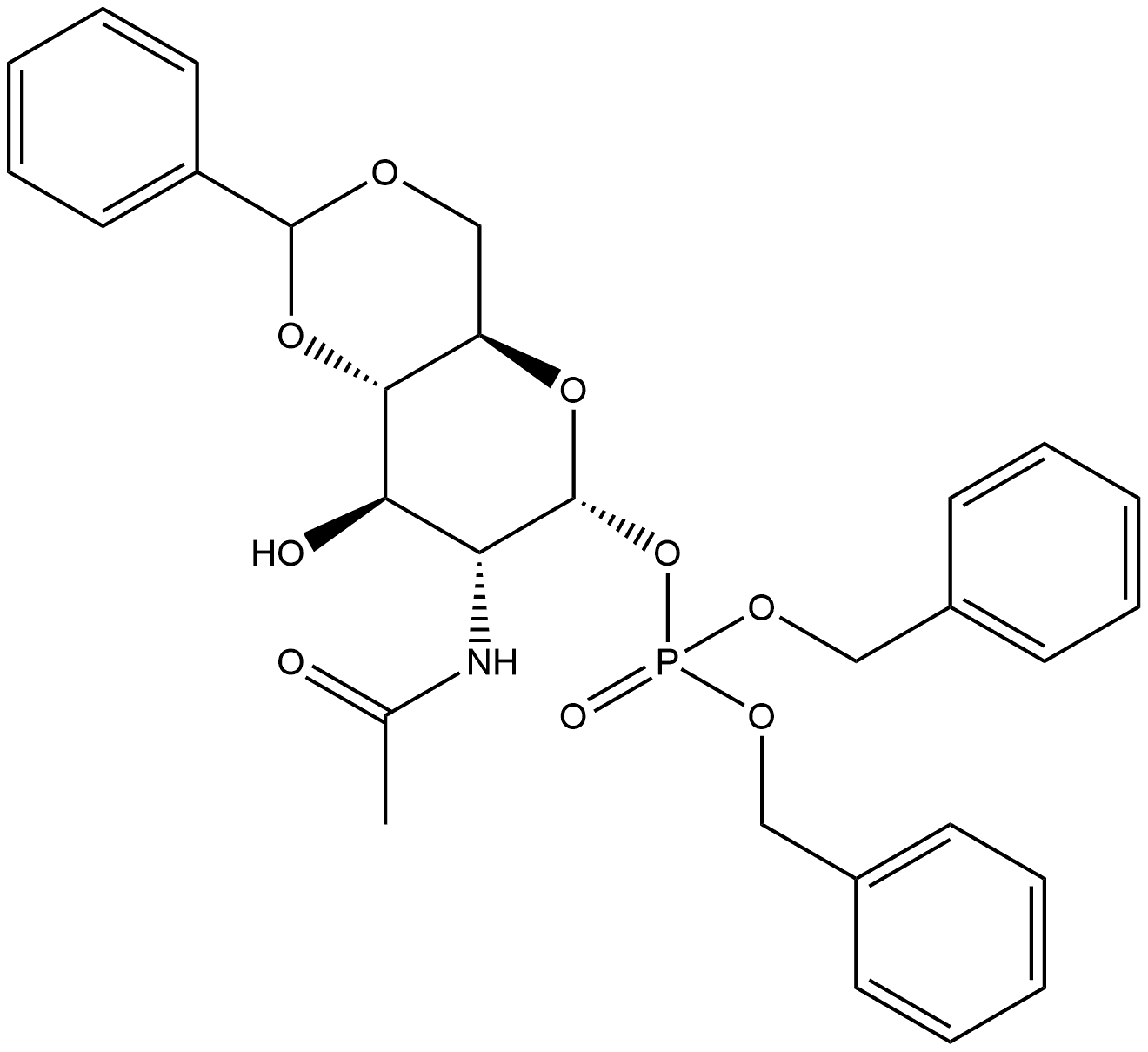 2-(ACETYLAMINO)-2-DEOXY-4,6-O-(PHENYLMETHYLENE)-Α-D-GLUCOPYRANOSE 1-[BIS(PHENYLMETHYL) PHOSPHATE] 结构式